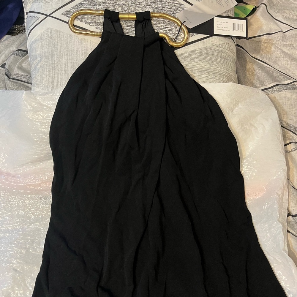 Halston Heritage, black Halter Top, gold necklace closure.  Size 4